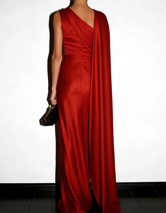Red Satin One Shoulder Cape Maxi Dress