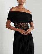 Black Off Shoulder Lace Chiffon Pleats Midi Dress