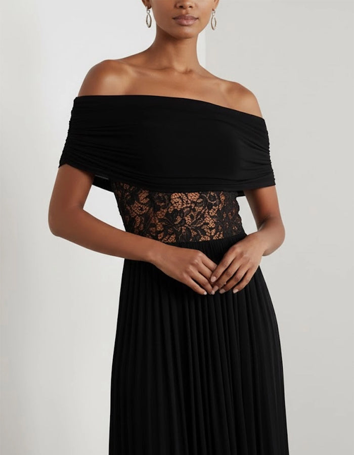 Black Off Shoulder Lace Chiffon Pleats Midi Dress