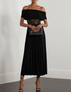 Black Off Shoulder Lace Chiffon Pleats Midi Dress