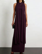 Burgundy Chiffon Halter Neck Ribbon Maxi Dress