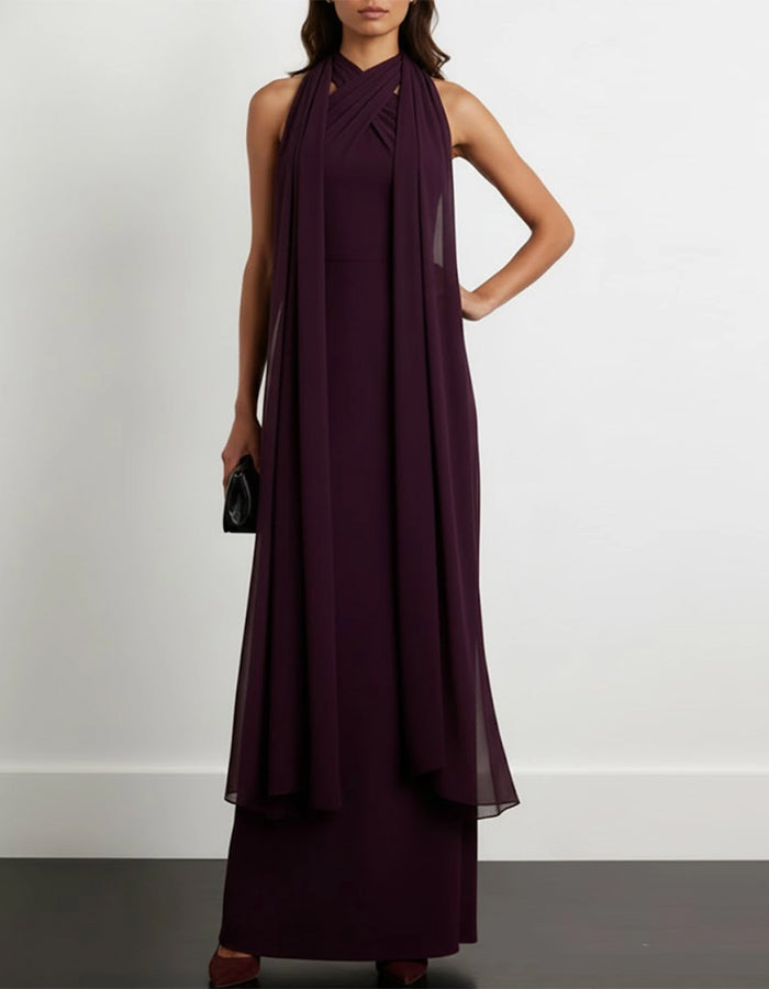 Burgundy Chiffon Halter Neck Ribbon Maxi Dress