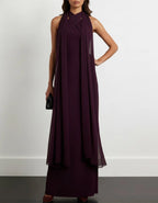 Burgundy Chiffon Halter Neck Ribbon Maxi Dress