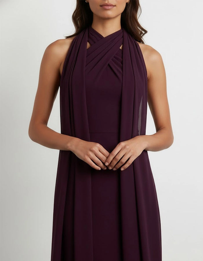 Burgundy Chiffon Halter Neck Ribbon Maxi Dress
