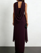 Burgundy Chiffon Halter Neck Ribbon Maxi Dress