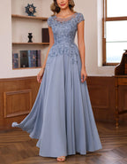 Blue Gray Chiffon Lace Patchwork Maxi Dress