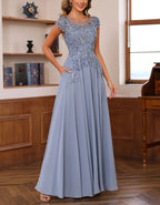 Blue Gray Chiffon Lace Patchwork Maxi Dress