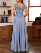 Blue Gray Chiffon Lace Patchwork Maxi Dress