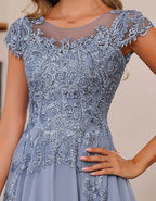 Blue Gray Chiffon Lace Patchwork Maxi Dress