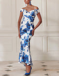 White And Blue Floral Satin Off Shoulder Fishtail Midi Dress