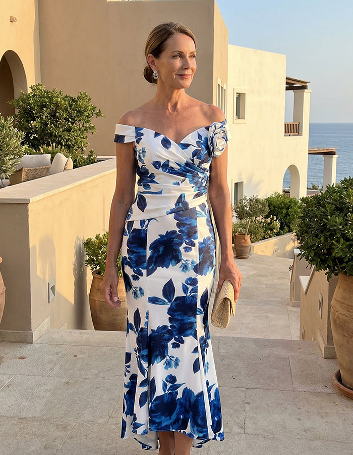 White And Blue Floral Satin Off Shoulder Fishtail Midi Dress