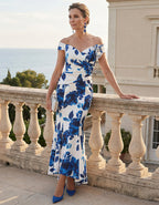 White And Blue Floral Satin Off Shoulder Fishtail Midi Dress