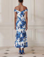 White And Blue Floral Satin Off Shoulder Fishtail Midi Dress