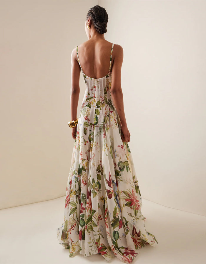 Tropical Botanical Print Chiffon Camisole Maxi Dress