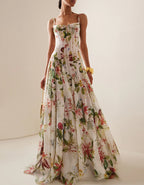 Tropical Botanical Print Chiffon Camisole Maxi Dress