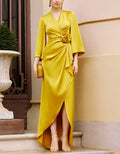 Yellow Satin 3D Floral Wrap Maxi Dress