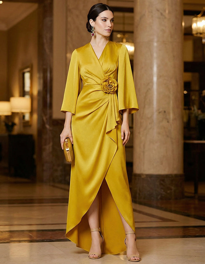 Yellow Satin 3D Floral Wrap Maxi Dress