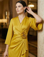 Yellow Satin 3D Floral Wrap Maxi Dress