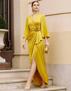 Yellow Satin 3D Floral Wrap Maxi Dress