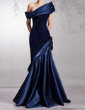 Dark Blue Velvet Satin One Shoulder Fishtail Maxi Dress