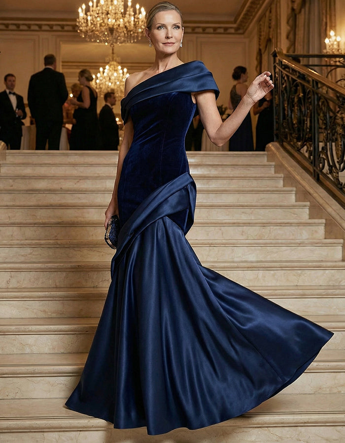 Dark Blue Velvet Satin One Shoulder Fishtail Maxi Dress