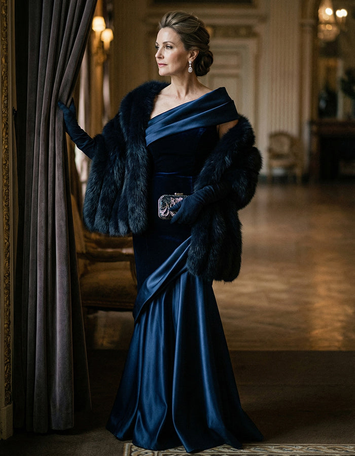 Dark Blue Velvet Satin One Shoulder Fishtail Maxi Dress