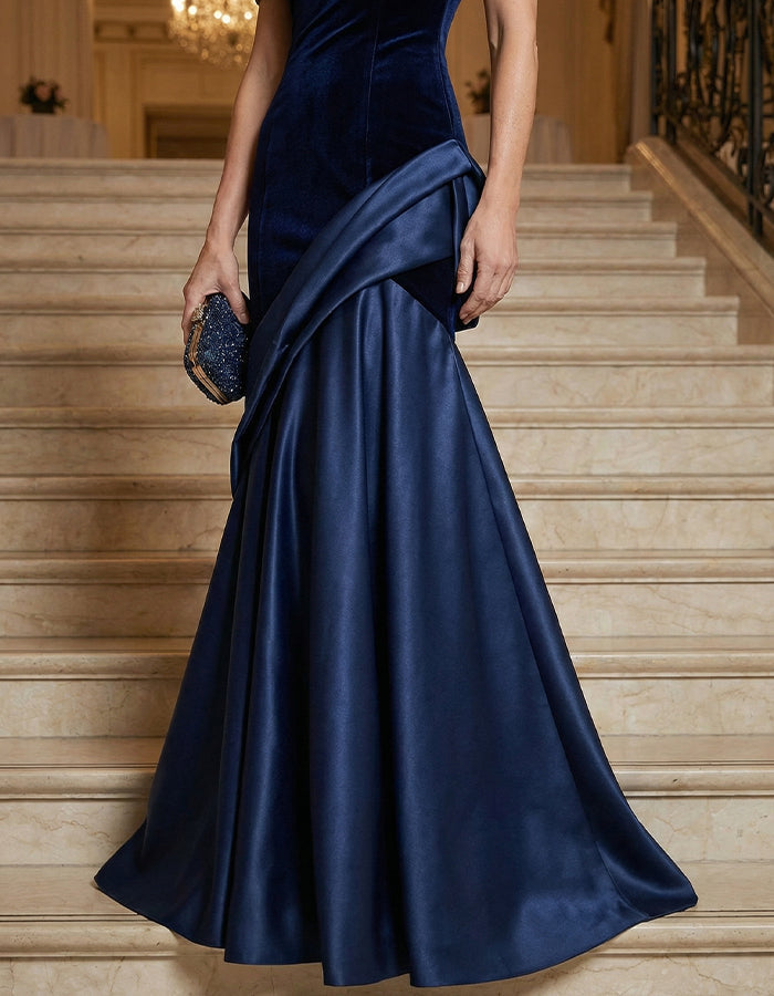 Dark Blue Velvet Satin One Shoulder Fishtail Maxi Dress