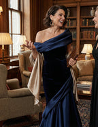 Dark Blue Velvet Satin One Shoulder Fishtail Maxi Dress