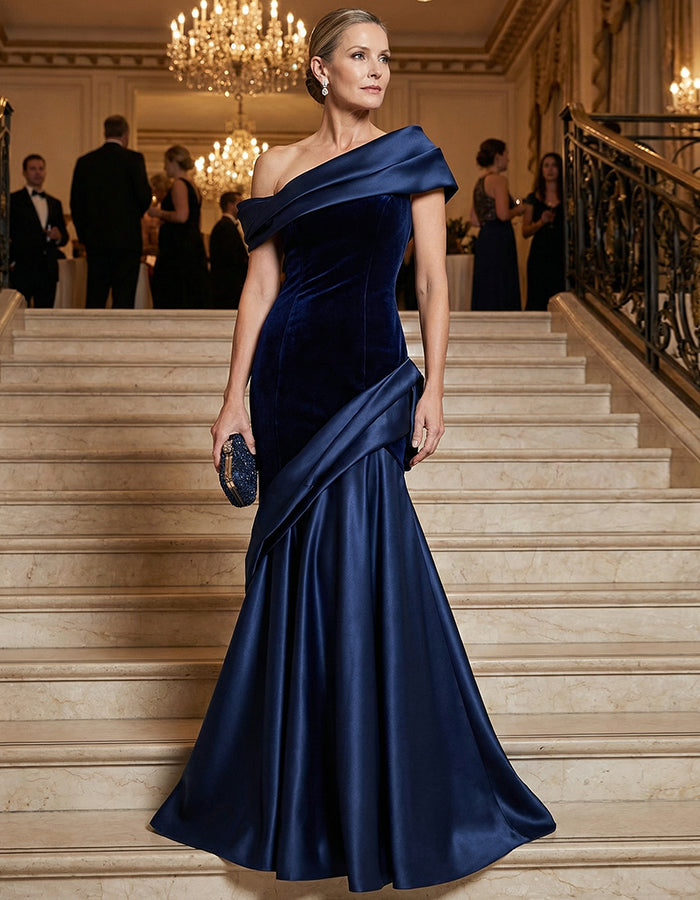 Dark Blue Velvet Satin One Shoulder Fishtail Maxi Dress
