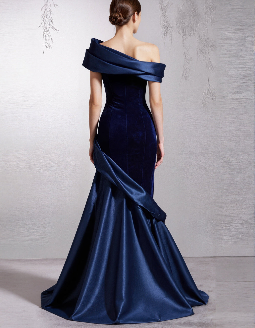 Dark Blue Velvet Satin One Shoulder Fishtail Maxi Dress