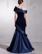 Dark Blue Velvet Satin One Shoulder Fishtail Maxi Dress
