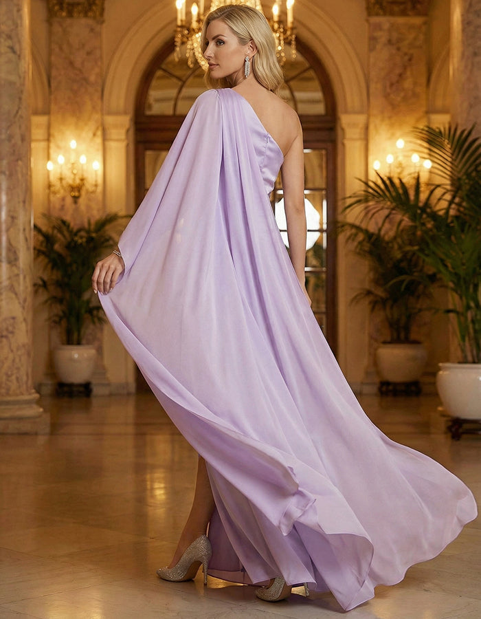 Light Purple Satin One Shoulder Flowing Sleeve With High Slit Maxi Dress