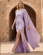 Light Purple Satin One Shoulder Flowing Sleeve With High Slit Maxi Dress