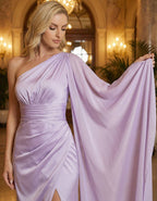 Light Purple Satin One Shoulder Flowing Sleeve With High Slit Maxi Dress