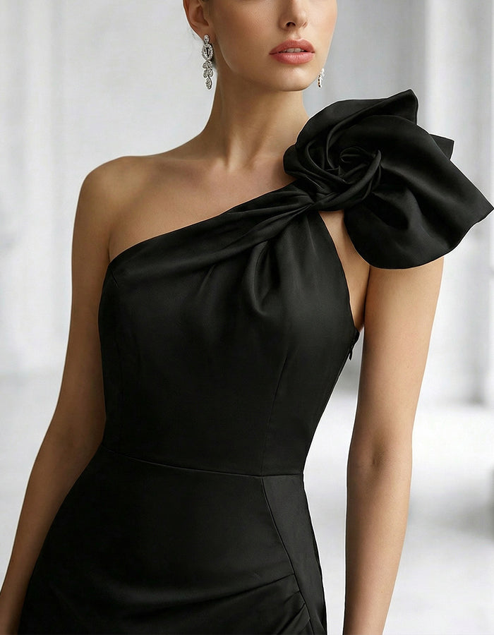 Black Satin One Shoulder Fishtail Bow Maxi Dress