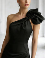 Black Satin One Shoulder Fishtail Bow Maxi Dress