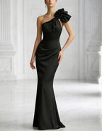 Black Satin One Shoulder Fishtail Bow Maxi Dress