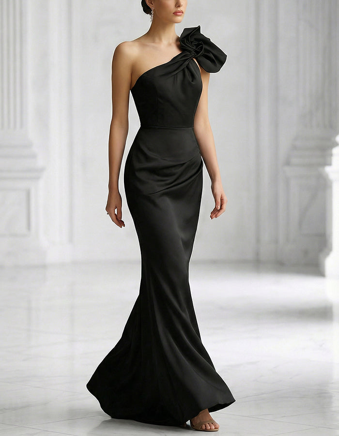 Black Satin One Shoulder Fishtail Bow Maxi Dress