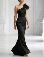 Black Satin One Shoulder Fishtail Bow Maxi Dress