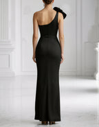 Black Satin One Shoulder Fishtail Bow Maxi Dress