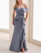 Solid Color Satin Off Shoulder 3d Floral Ruffle Fishtail Hem Maxi Dress