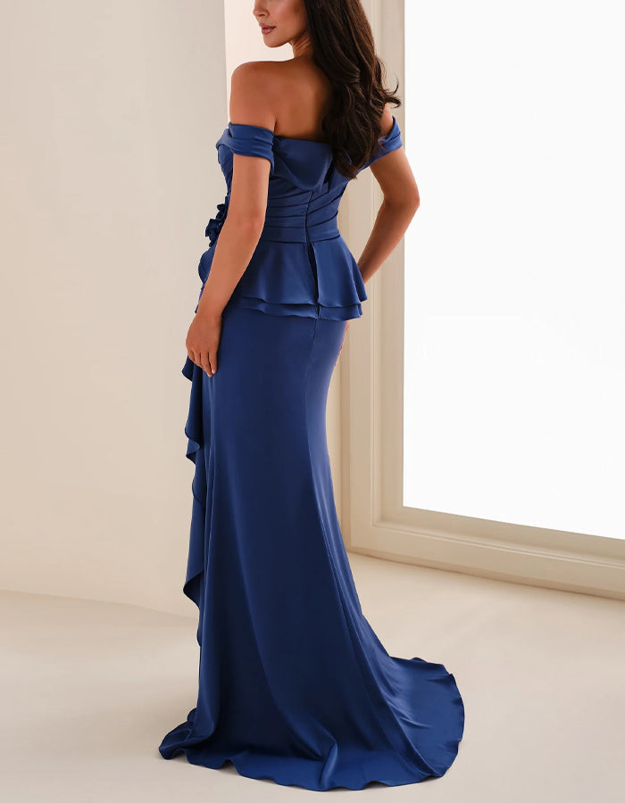 Solid Color Satin Off Shoulder 3d Floral Ruffle Fishtail Hem Maxi Dress