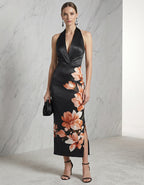 Black Satin Halter Neck Deep V-Neck Print Midi Dress