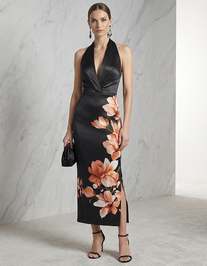 Black Satin Halter Neck Deep V-Neck Print Midi Dress