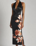Black Satin Halter Neck Deep V-Neck Print Midi Dress