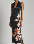 Black Satin Halter Neck Deep V-Neck Print Midi Dress