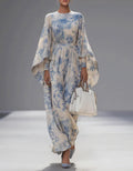 Beige Printed Round Neck Wide Sleeve Maxi Dress