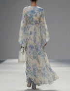Beige Printed Round Neck Wide Sleeve Maxi Dress