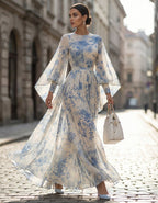 Beige Printed Round Neck Wide Sleeve Maxi Dress