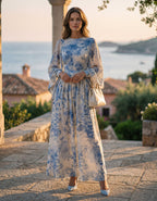 Beige Printed Round Neck Wide Sleeve Maxi Dress